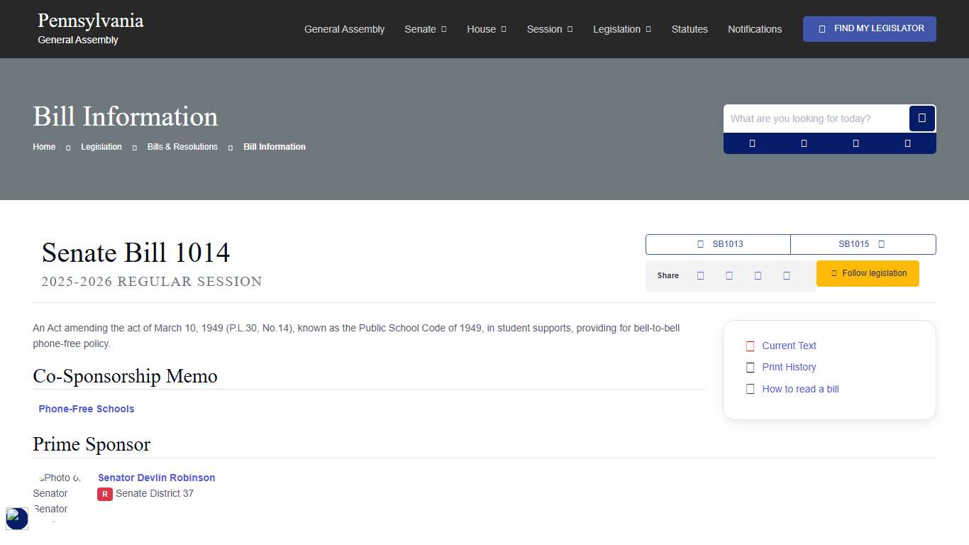 Senate Bill 1014 Information; 2025-2026 Regular Session - The Official Website of the Pennsylvania General Assembly